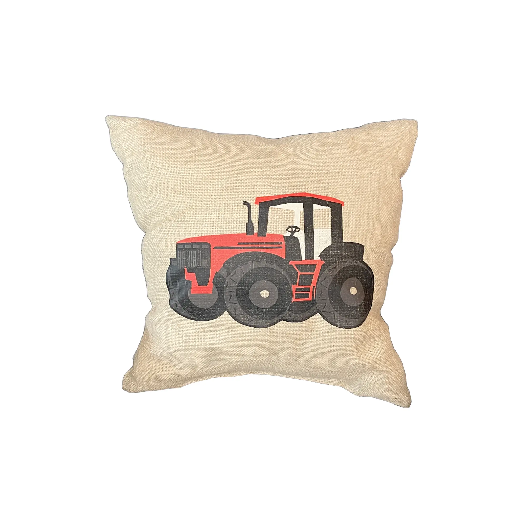 Red Tractor Square Burlap Pillow