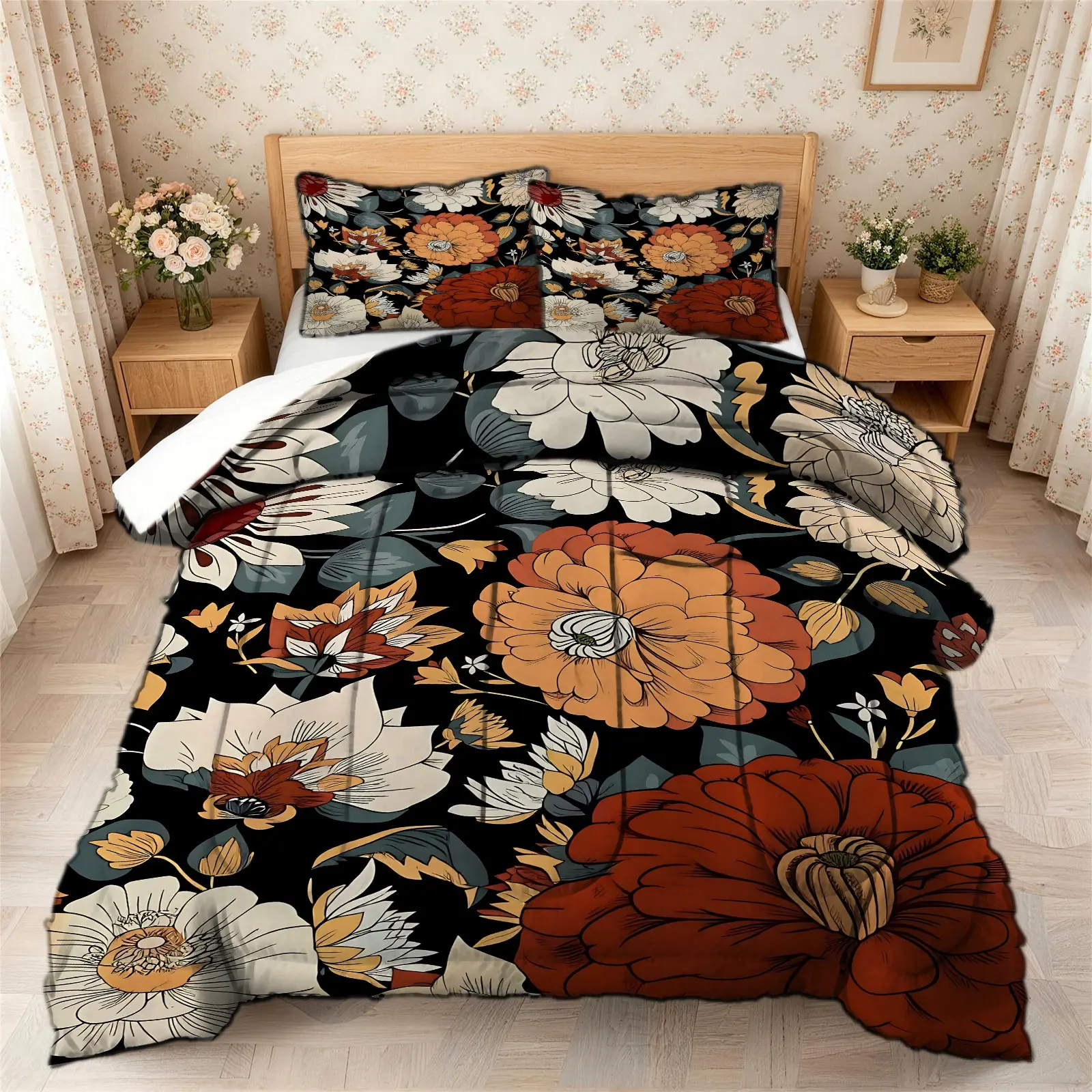 2/3Pcs Boho Floral Comforter Set, Bohemian Quilt Set - Soft Microfiber Bedding Set with Quilt & Pillowcases, Vintage Botanical Print Bed Set for All Season, Black Background Floral Comforter for Bedroom, Guest Room
