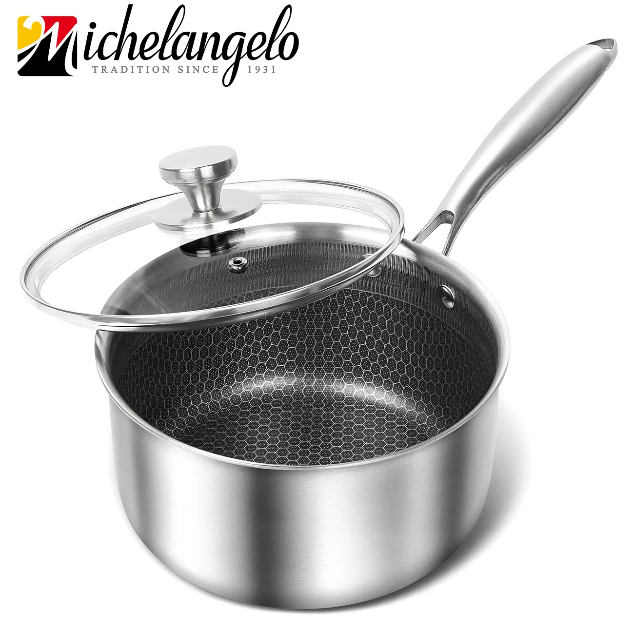 MICHELANGELO Tri-Ply Stainless Steel Saucepan with Lid, Honeycomb Interior, Induction Compatible Sauce Pan, 1QT & 3QT
