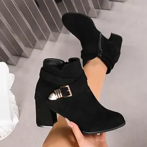 A Pair of Vintage Women's Short Ankle Boots with Chunky Heel, Pointed Toe, and Side Zipper, Height Increase 2.56inch, Women Shoes