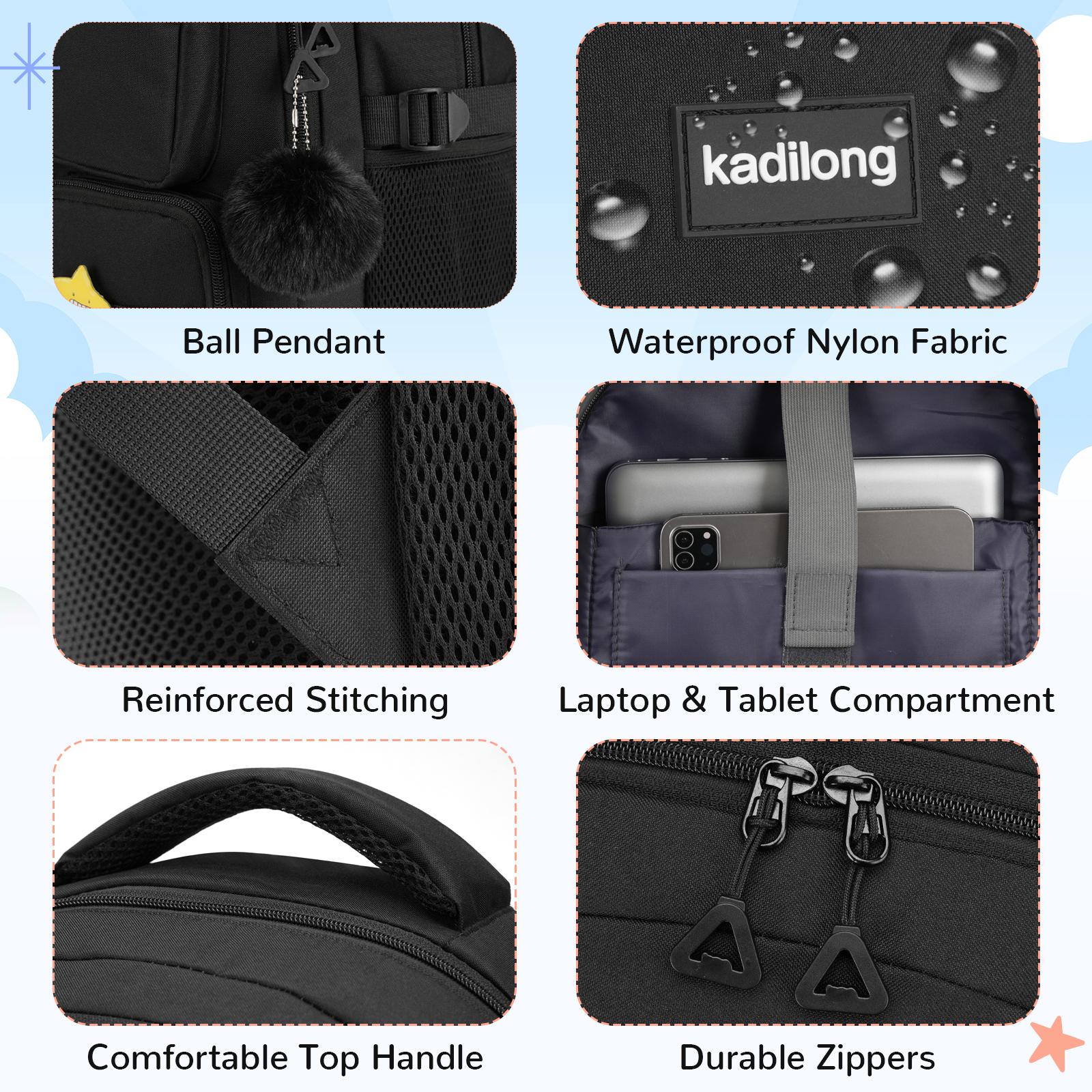 kadilong 15.6 Inch Cute Laptop Backpack for Girls & Teens, Large Capacity School Backpack with USB Charging Port, DIY Badges & Pom Pom Keychain, Water Resistant Bookbag for Middle/High School, College Students, Daily Use, Travel & Commute