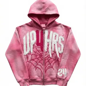Mens Pink Zip Up Hoodie with Letter Applique & Spider Web Design Y2K Street Style Long Sleeve Sweatshirt Retro Gothic Rock 3D Print Couples Zip Hoodie Perfect Autumn Winter Gift