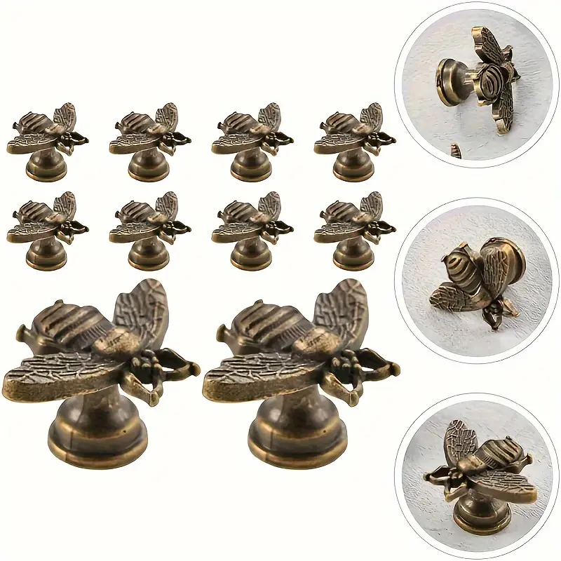 Vintage Insect Drawer Pulls Set of 10, Antique Brass Finish Zinc Alloy Handles for Dressers Cabinets Closets Furniture Drawers Decorative Hardware, Unique Decorative Element, Complex Wing Design