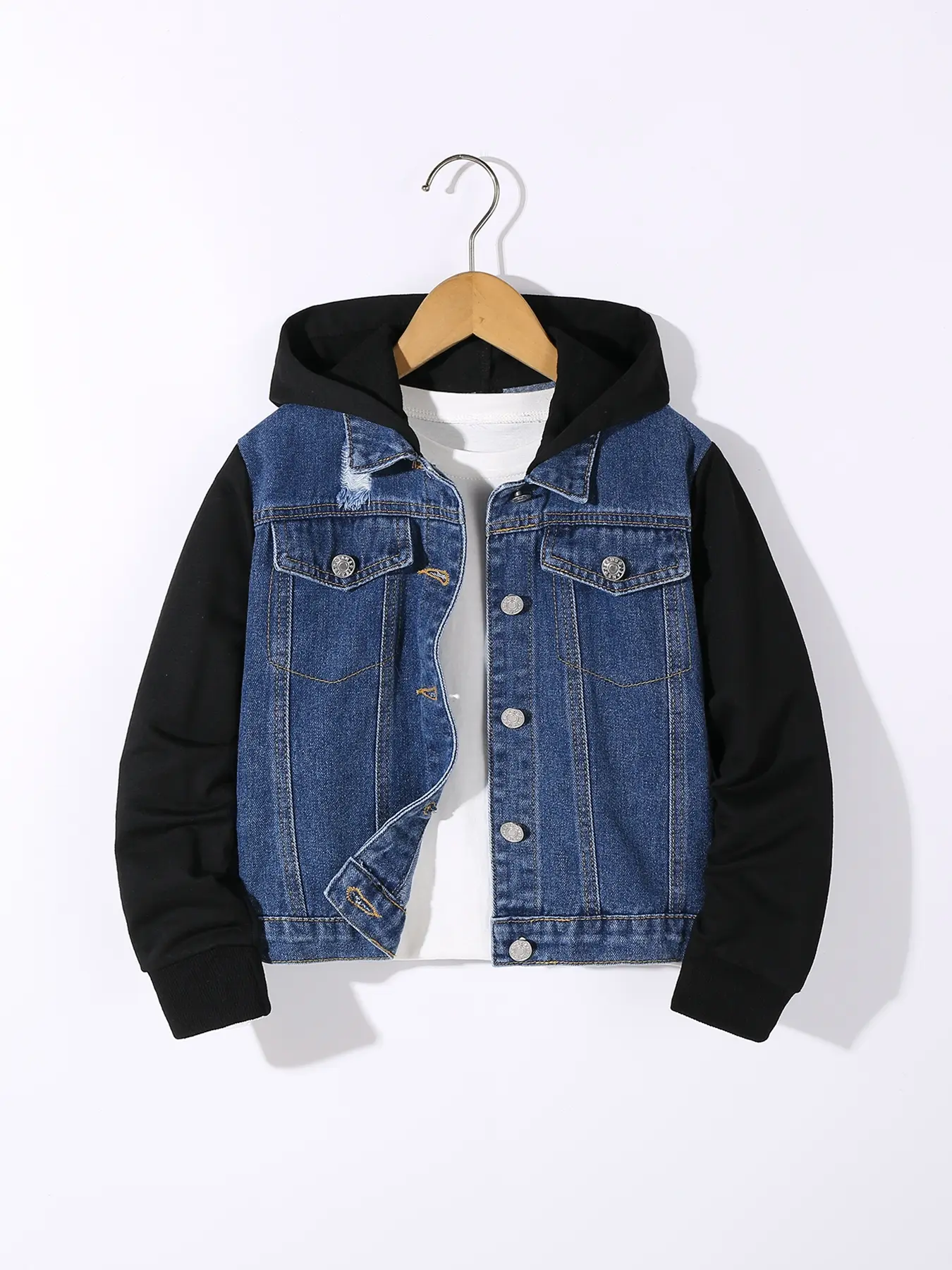 Boys' Blue Denim Jacket with Hoodie Design, Autumn Winter Fall Jackets Casual Streetwear, Medium Washed, Perfect for Daily, Casual Comfy Jacket