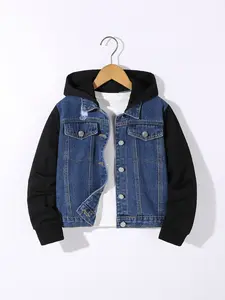 Boys' Blue Denim Jacket with Hoodie Design, Autumn Winter Casual Streetwear, Medium Washed, Perfect for Daily