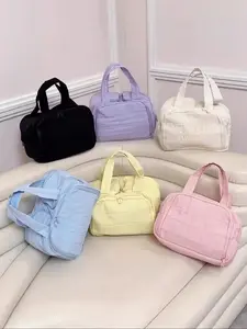 Bubble Handbag Makeup Bag, Soft Fabric Zipper Design, Simple Solid Color, Large Capacity, Home Travel Daily Use, Universal Storage Bag