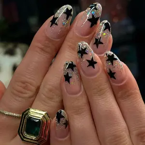 24pcs Short Almond Star Nail Art Set, Y2K Sweet Cool Style Glitter Silver Color Gradient False Nails, Easy Application, Party & Event Ready