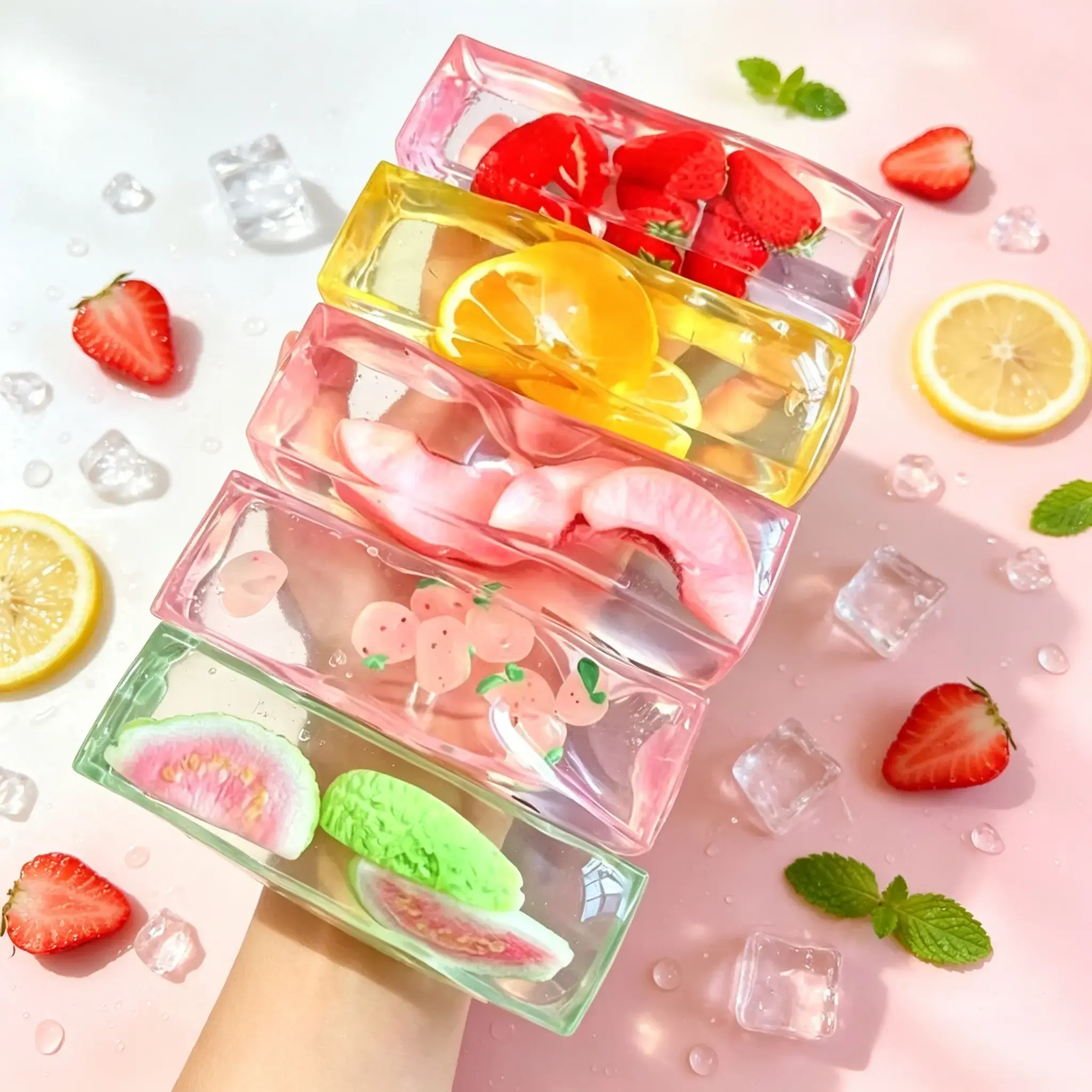 Super Soft Clear Fruit Jelly Squishy Toys Satisfying Squeeze Fidget Toy for Anxiety & Stress Relief Portable Pocket Squishies Collection with Peach, Strawberry & Mango Designs for Teens & Adults