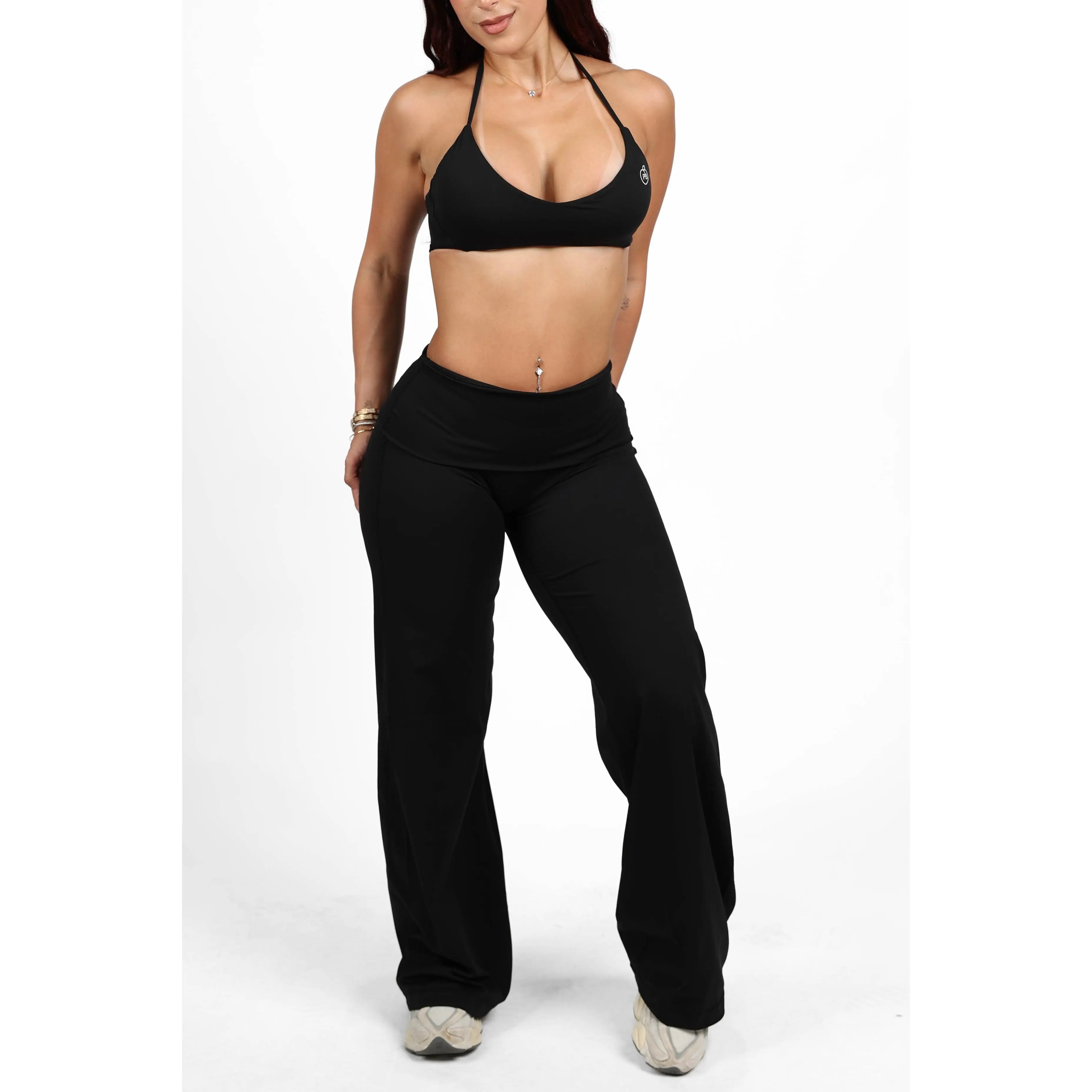 Women's 2-Piece Seamless Athletic Activewear Set - Sleeveless Halter Strap Adjustable Bra (s, No Front Seam, Removable Padding, Black), Fold-Over Straight Leg Pants, Soft Seamless Drape Fabric, Workout-to-Lounge True Size Fit