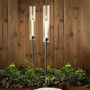 2-Pack Silver Metal Taper Candlestick Holders 24" - Clear Glass Hurricane Candle Stands With Chimney Candle Shades