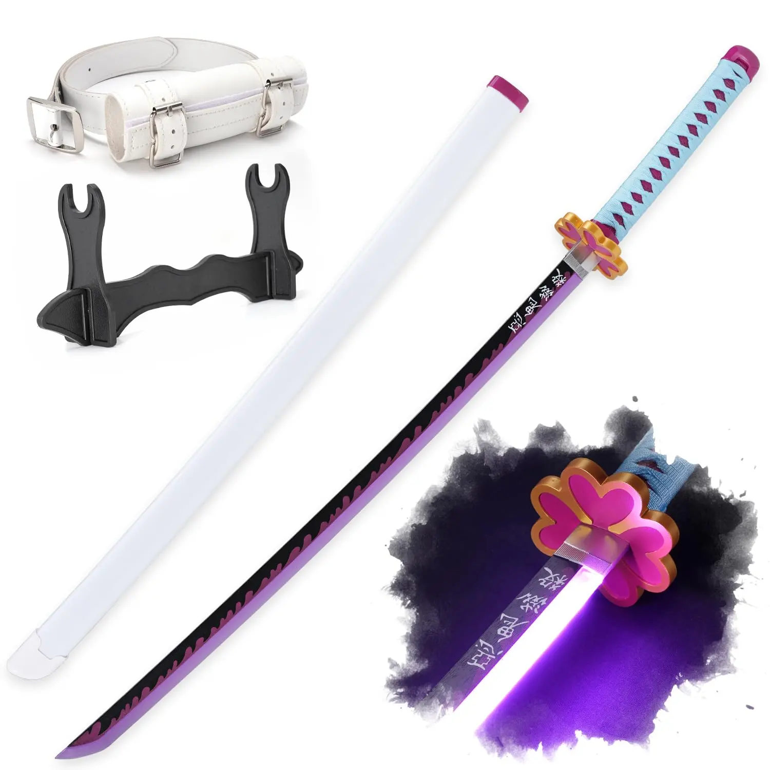 ELERVINO 41in Long LED Lighting Plastic Demon Slayer Kanroji Mitsuri Anime Sword Replica - Cosplay Prop with White Belt, Holder Stand, Swords for Ages 12+, 12 Years Above, Birthday Halloween Christmas Gift, Decoration, Collectibles