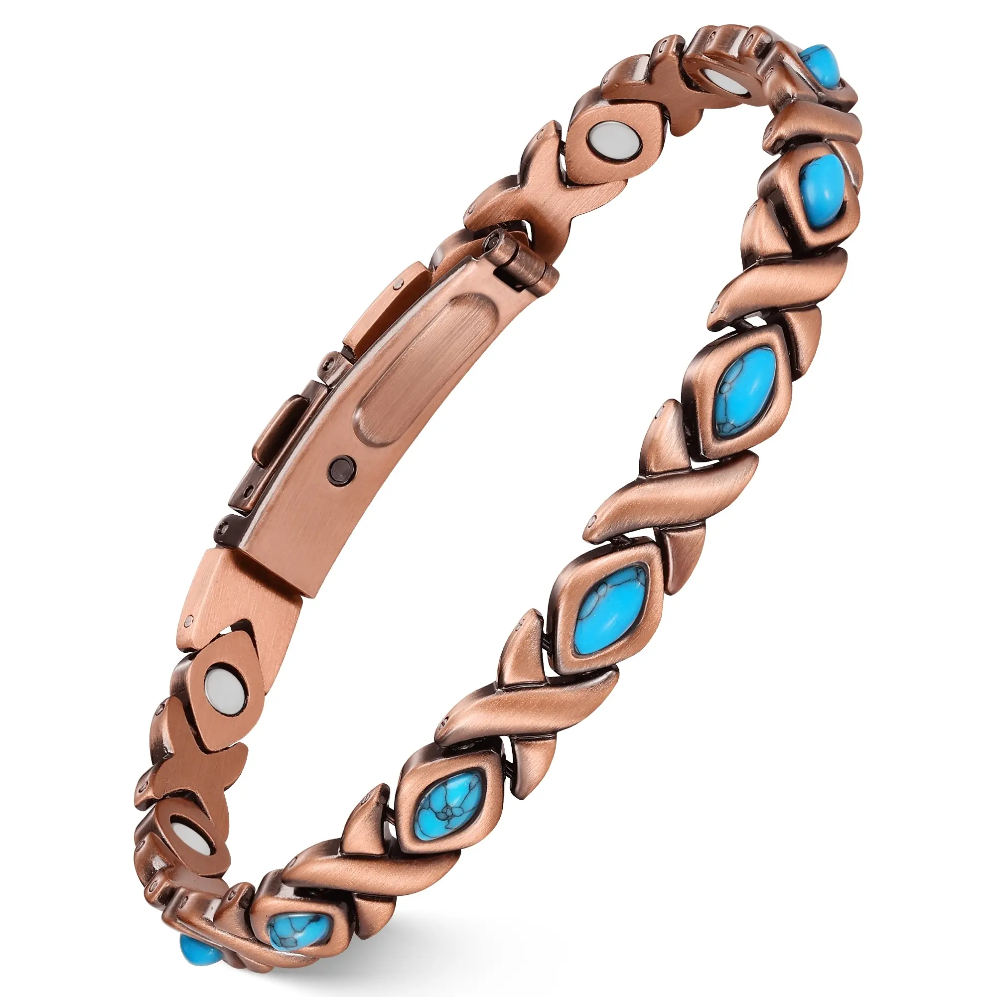 Copper Magnetic Bracelet for Women, Adjustable Gemstone Link Bracelet with Turquoise, Tiger Eye, Ruby, Aventurine & Brown Goldstone, Nickel-Free Lead-Free Jewelry Gift
