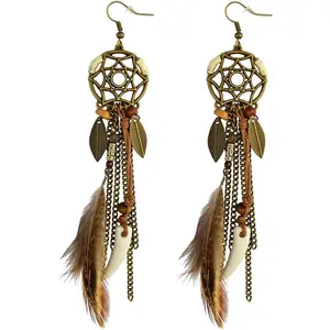 Punk Vintage Long Tassel Feather Beads Drop Wolf Tooth Pendant Earring Fish Hook Earrings