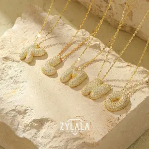 Golden Color 925 Sterling Silver Bubble Design Initial Letter Necklace Cute Elegant Style Delicate Gift For Women Girls
