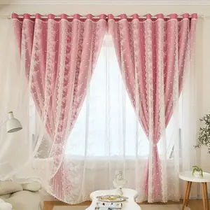 Romantic Lace Blackout Thermal Insulated Window Curtain, Heat Insulation Sun Protection, Bedroom Living Room Dual Use, Cozy Dreamy Space