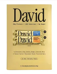 David Protein Bar Variety Pack 12 CT - 6 Chocolate Chip Cookie Dough & 6 Peanut Butter Chocolate Chunk Flavored Bars - 28g Protein 150 Calories Snack