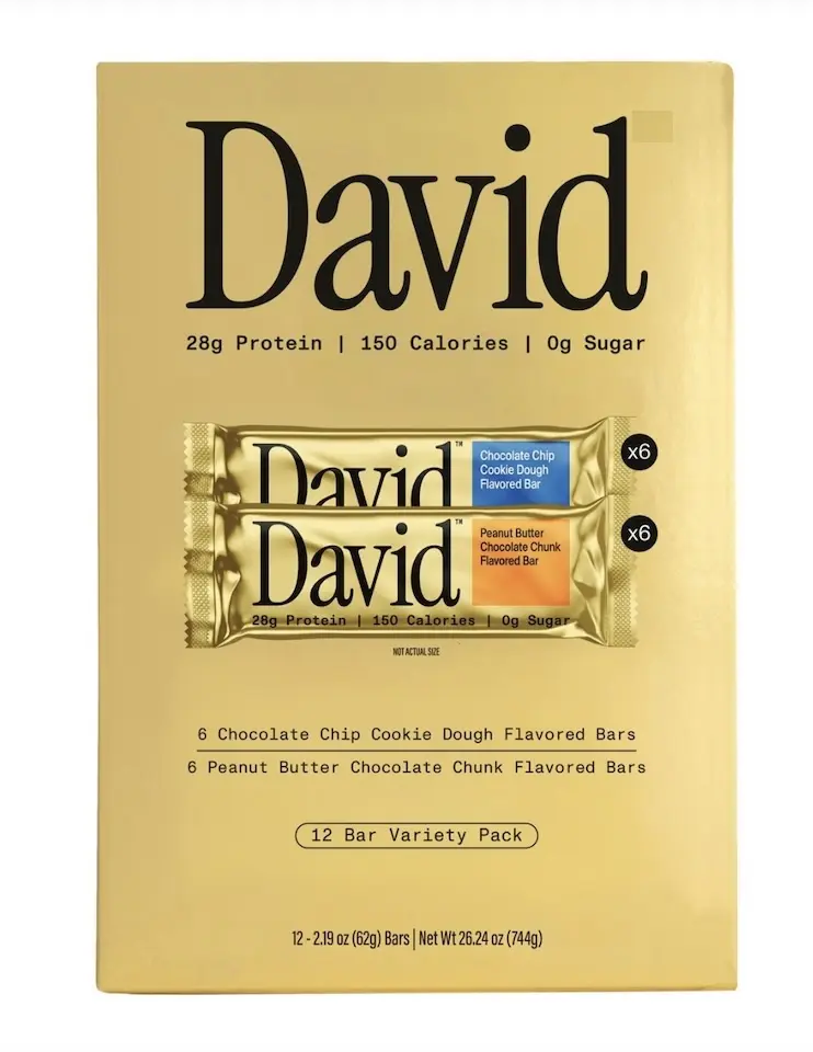 David Protein Bar Variety Pack 12 CT - 6 Chocolate Chip Cookie Dough & 6 Peanut Butter Chocolate Chunk Flavored Bars - 28g Protein 150 Calories Snack