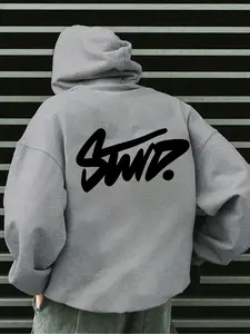 Men's Motivational Hooded Sweatshirt, Swd Art Letter Print, Streetwear Hip-Hop Loose Pullover, Casual Trendy Long Sleeve Top