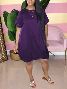 Women's Regular Size Purple Puff Sleeve Mini Dress - Loose Fit Casual Outfit for Spring Summer Brunch and Daily Errands,  Casual,  Crewneck,  Womenswear, Shortsleeve