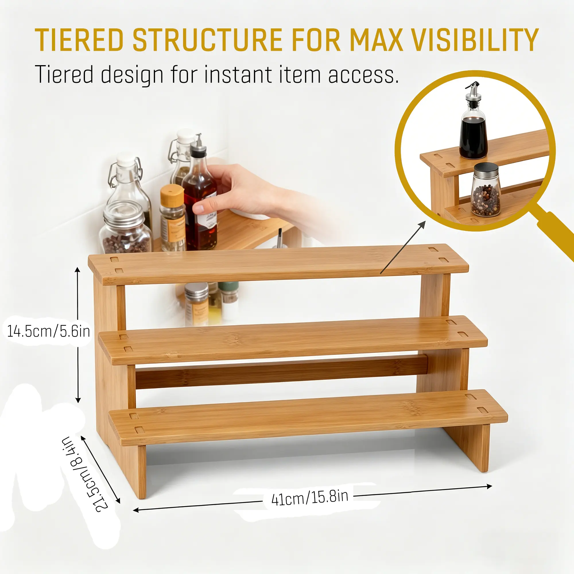 Natural Bamboo 3-Tier Compact Spice Rack - Quick Assembly Step Shelf Organizer with Multiple Compartments, Multifunctional Storage Tray for Kitchen Countertop, Bathroom Use