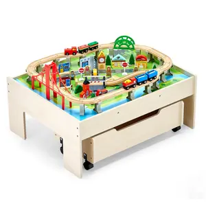 Train Table 100 Pieces Wooden Kids Activity Table with Rolling Storage Drawer