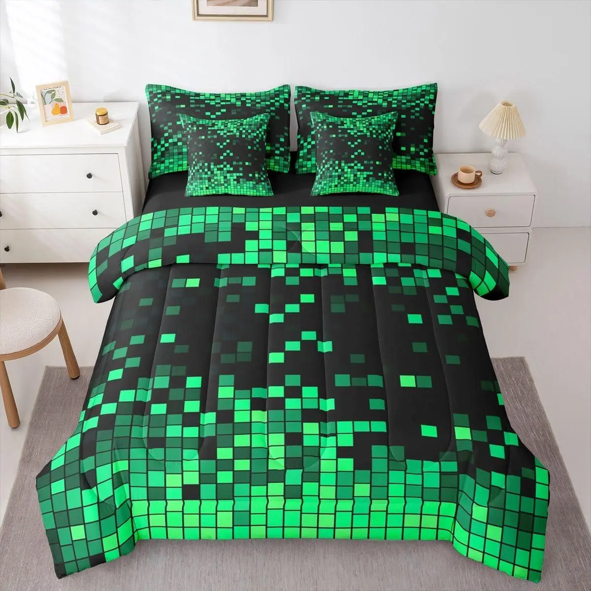 Green Black Pixel Art Comforter Set with Sheets 7 Piece Gamer Bedding Set for Kids Boys Girls Retro Pixel Bed in a Bag Nostalgic 8-bit Room Decor Soft Lightweight Microfiber