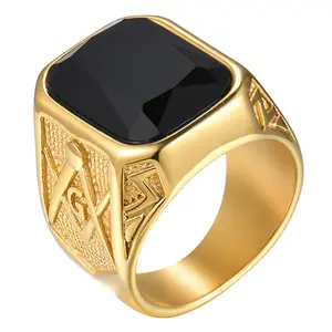 OIDEA Masonic Ring for Men, Gold Tone Black Stone Stainless Steel Freemason Statement Band
