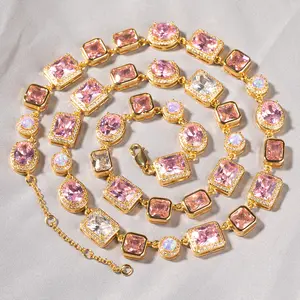 Valentine's Day Gift for Her 10mm Pink Cubic Zirconia Hip Hop Necklace Adjustable Chain Luxury Elegant Present Modern Versatile Accessories