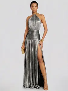 LikeMyChoice Silver Halter Metallic Pleated Maxi Dress  - Showstopper Formal Gown with Side Slit