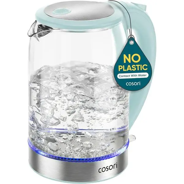 Cosori Electric Kettle, No Plastic Contact with Water, 1.7L, Green | Wide Opening, Easy to Clean, Auto Shut-Off, Boil-Dry Protection, Tea Kettle, Hot Water Boiler, Borosilicate Glass, 1500W