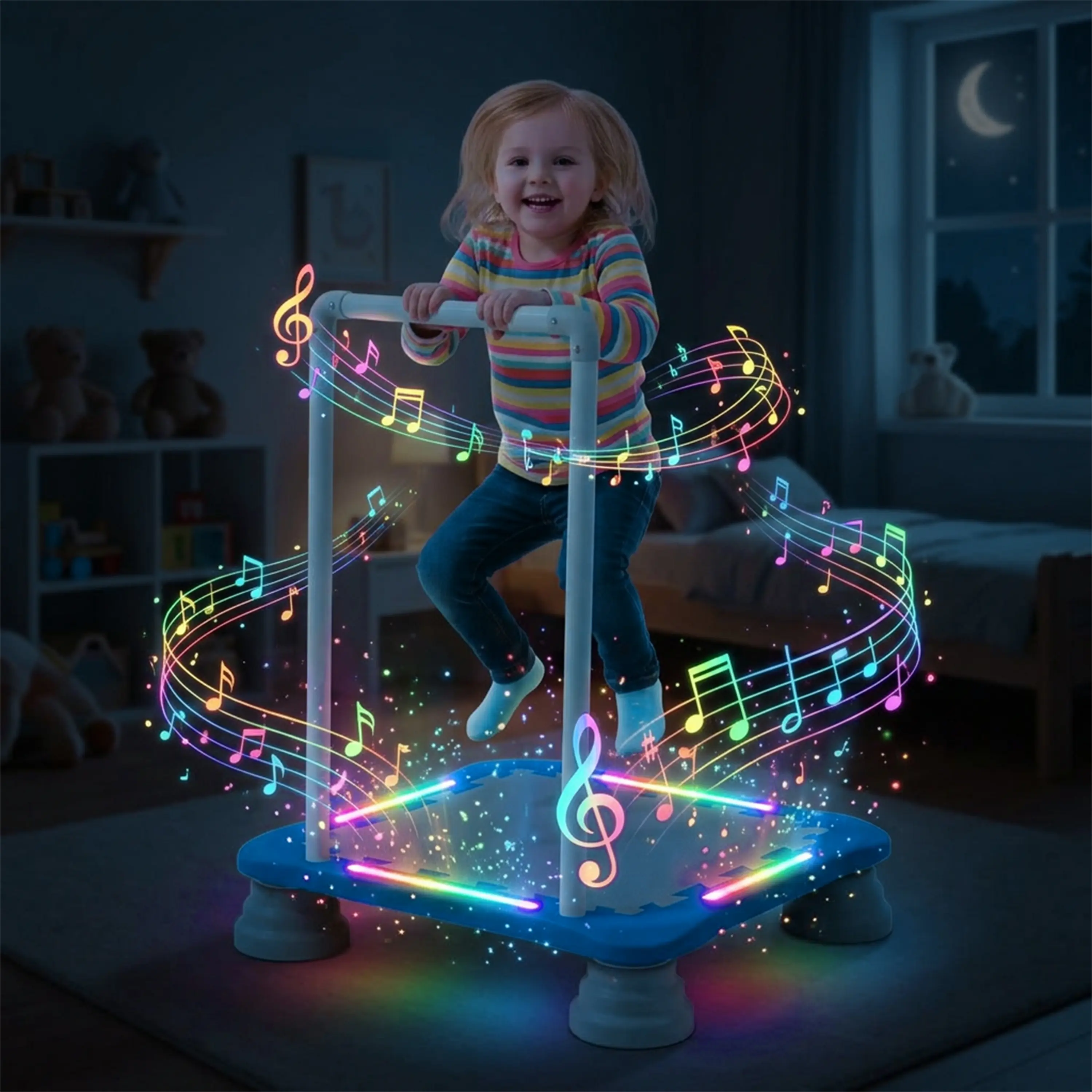 【US-based sellers】Rechargeable Glow Trampoline with Independent Sound Module, Lights and Music Used Separately, Built-in Audio for Home Fitness Routine