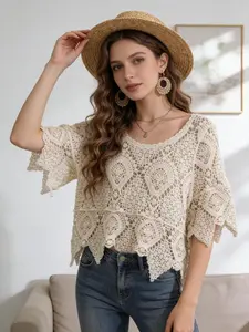 Summer New Crochet Knit Pullover Sweater for Women, Loose Round Neck Casual Style, Comfortable and Stylish Top
