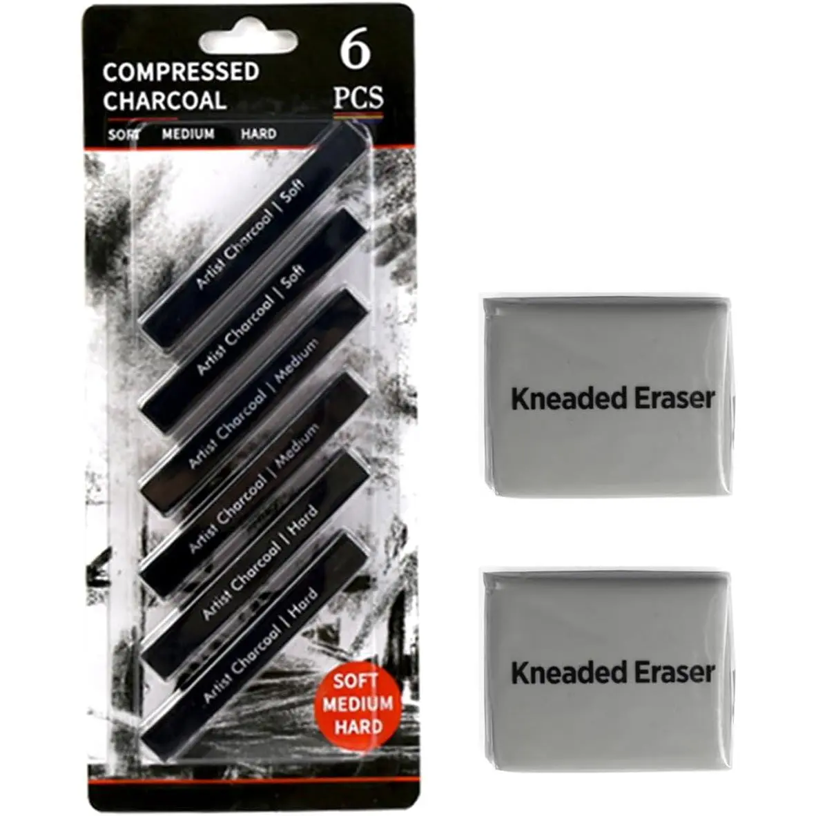 Compressed Charcoal Sticks 6 count, Kneaded Rubber Erasers Large Size 2 Pack, Square Vine Charcoal Rod Set of 8 for  to School DIY Drawing Crafts, Sketching, Shading, Beginners and Artists