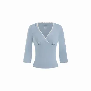 Cider Viscose-blend V-neck Lace Panel Long Sleeve Tee