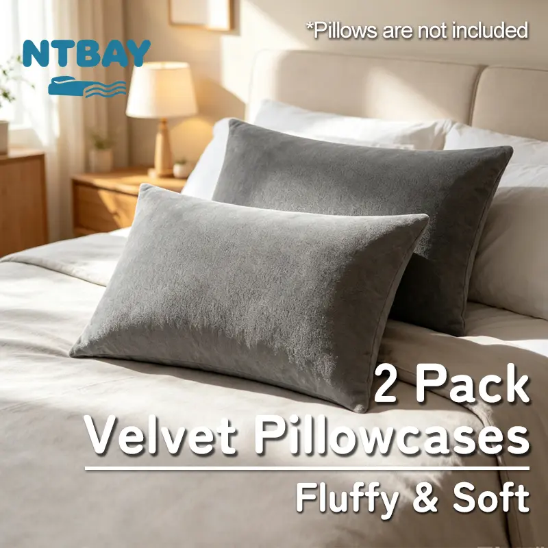 NTBAY Velvet Pillowcases, 2 Pack Plush Ultra Soft Hidden Zipper Closure Pillow Covers for Hair Protection, Luxurious Fluffy Pillow Shams, Subtle Sheen, Smooth Warm Touch, Year-Round Comfort, Easy Care, Standard/Queen/King, Oeko-Tex