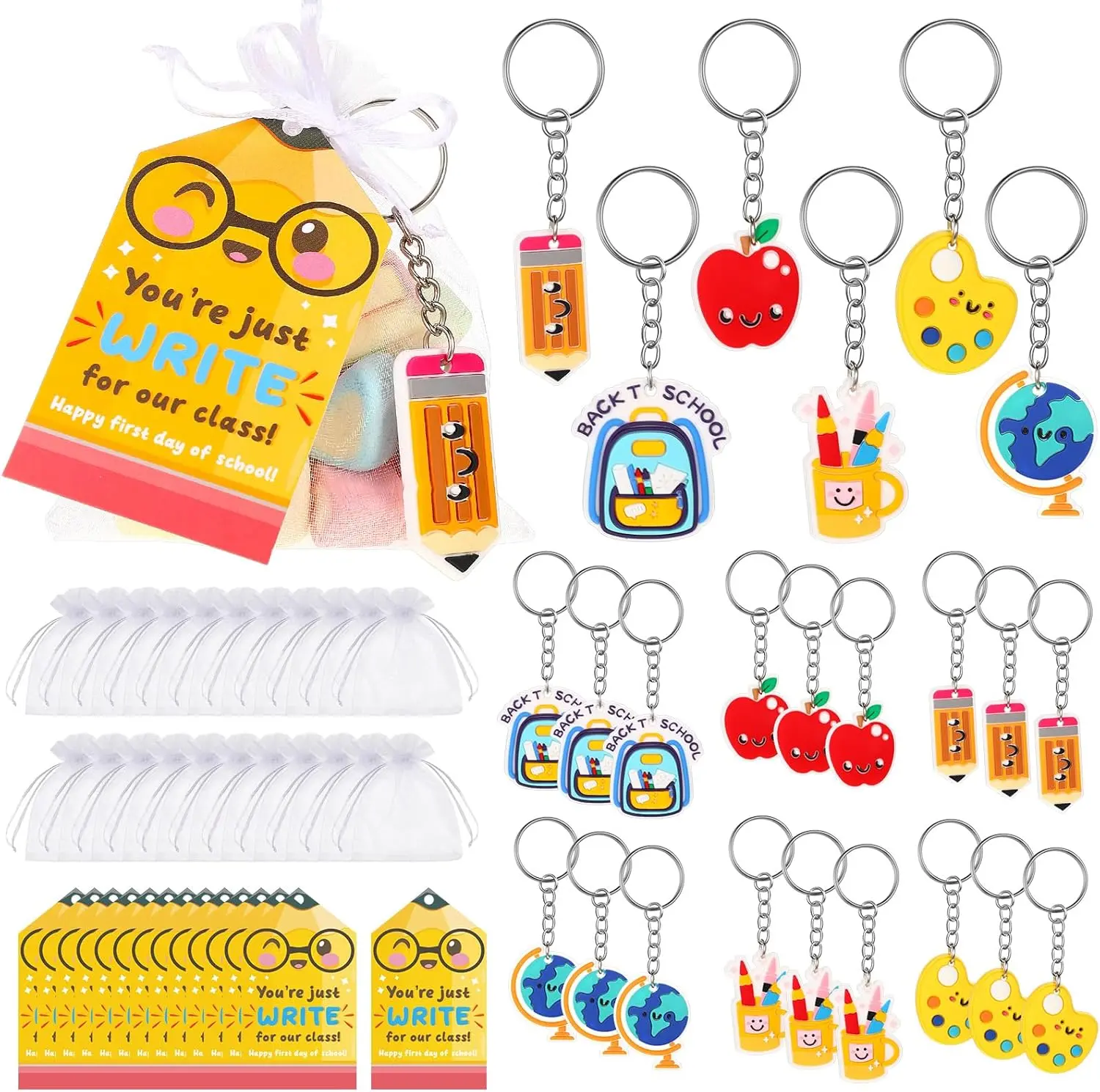 24 Set Back to School Gifts for Student First Day of School Keychain Gift Set with Pencil Tags Organza Bags for Classroom Reward Exchange Gifts Schools Party Goodie Bag Stuffers