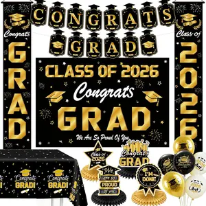 Black and Gold Graduation Decorations 2026, Class of 2026 Graduation Decorations Set with Backdrop, Tablecloth, Congrats Grad Banner, Porch Banners, Centerpieces & Balloons