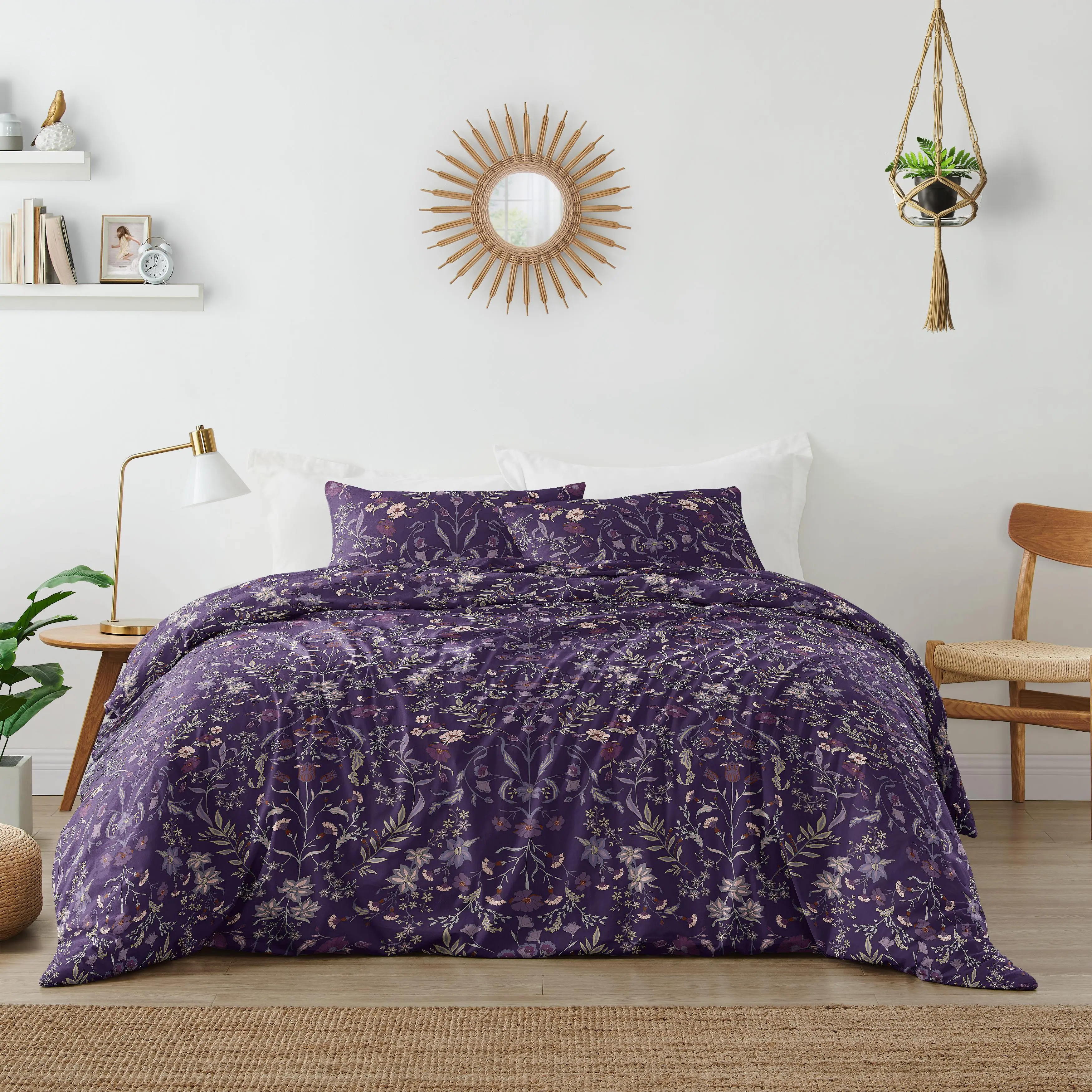 Sweet Jojo Designs 3-Piece Duvet Cover King Size (Boho Wildflower Vintage Floral) for Girls, Teen/Kids, Adult Bedding, Bed in a Bag incl. Duvet Case & Pillow Shams (Purple Botanical, Garden, Bohemian)