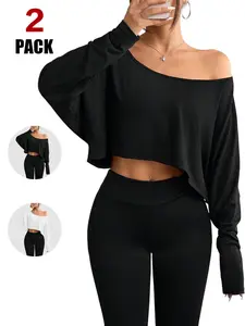 Women's Off-Shoulder Crop Top, Long Sleeve Boat Neck Design, Oversized Fit for Workouts & Daily Wear, Lightweight Comfortable Tee