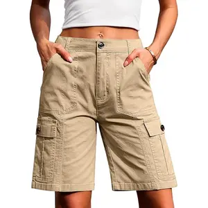 Eddoyee Bermuda Cargo Shorts for Women Casual Long Knee Length High Waisted Stretch Wide Leg Relaxed Fit