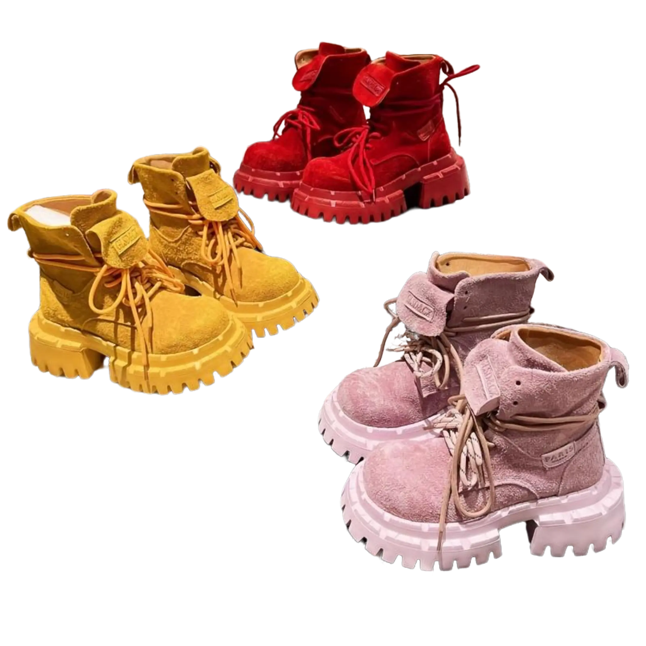 Women's Chunky Platform Motorcycle Boots - Thick-Soled Round-Toe Lace-Up Ankle Boots with Candy-Colored (Yellow/Mustard/Pink/Lavender) Rubber Sole & Fabric Upper - Workwear-Inspired Winter-Ready Shoes for Jeans & Dresses, Footwear, Solid