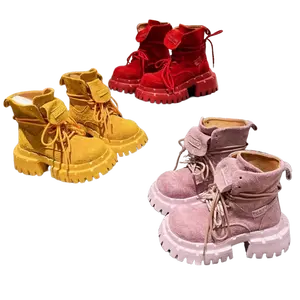 Women's Chunky Platform Motorcycle Boots - Thick-Soled Round-Toe Lace-Up Ankle Boots with Candy-Colored (Yellow/Mustard/Pink/Lavender) Rubber Sole & Fabric Upper - Workwear-Inspired Winter-Ready Shoes for Jeans & Dresses