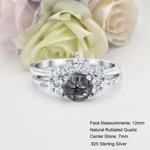 Two Piece Round 0.84CT Natural Rutilated Quartz Bridal Band Women Ring Wedding Engagement Round Shape Ring 925 Sterling Silver 7mm