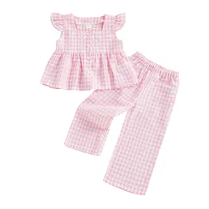 Meihuida Toddler Kids Baby Girl Plaid Outfits Summer Fly Sleeve Ruffle Button Tops Long Pants Two Piece Gingham Clothes Set