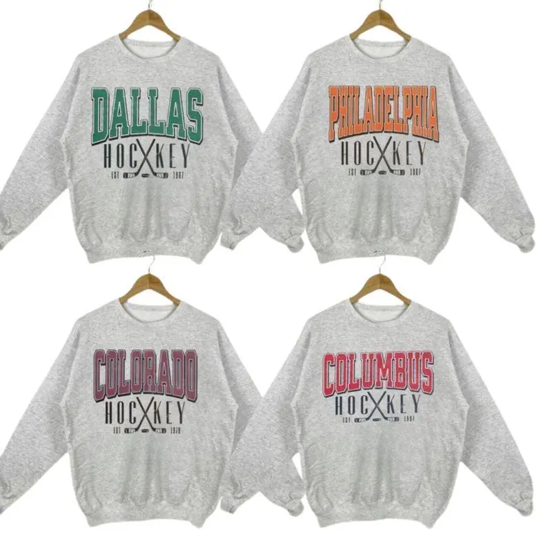 Vintage Graphic All Team Hockey Sport Grey Sweatshirt, Retro Sports Fan Crewneck, Multiple Team Variations - Graphic Menswear Womenswear