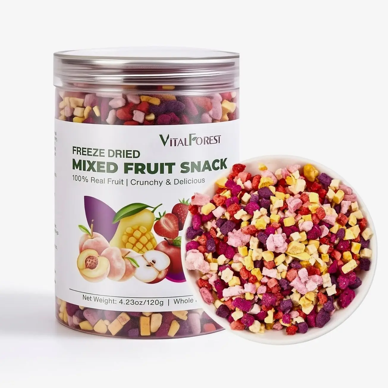 Freeze Dried Mixed Fruit Snacks - 4.23oz(120g) Crunchy Dried Fruit Mix with Strawberry, Dragon Fruit, Purple Sweet Potato, Mango, Peach, & Apple, Natural Healthy Dehydrated Fruits Snacks
