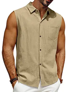 Men's Linen Cotton Sleeveless Button-Up Shirt, Chest Pocket Casual Vest, Breathable Summer Beach Tank Top, Multicolor Options