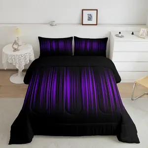 Purple and Black Comforter,Abstract Ombre Comforter Set,Gradient Purple Lines Luxury Bedding Set,Purple Black Gradient Designer Bedding Sets