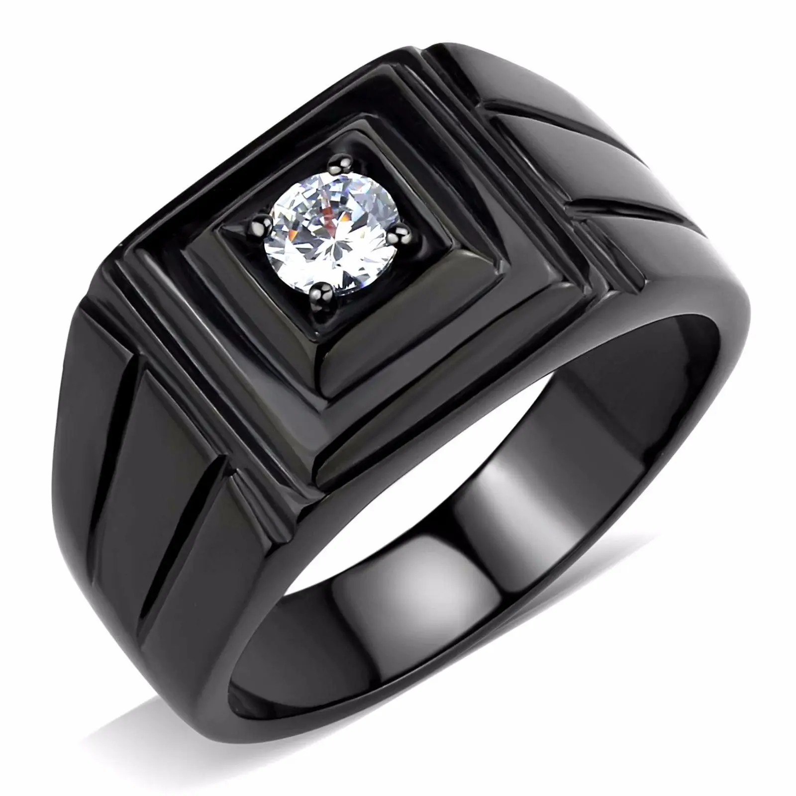 Lanyjewelry Men's Hypoallergenic Ring - Black IP Stainless Steel, 5x5mm Round Cut CZ Solitaire Artificial Gemstone Ring
