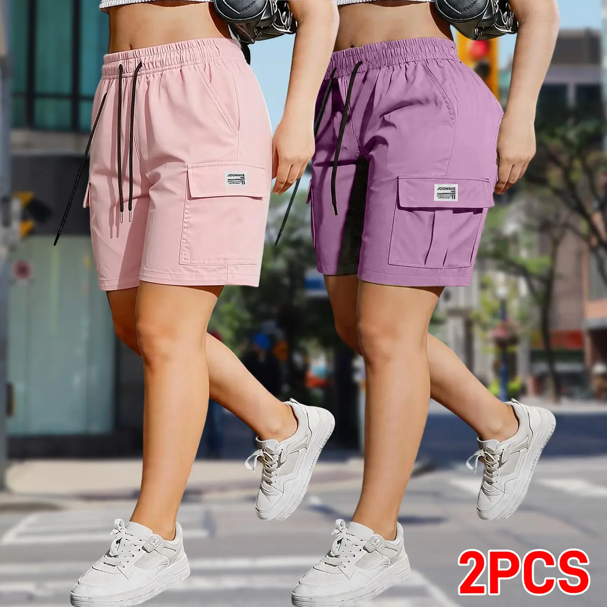 2-Pack women’s cargo shorts—outdoor cargo shorts with an elastic drawstring waist, multiple pockets, portable design; suitable for everyday wear and casual activities; knee-length; summer vibes; SummerWins.